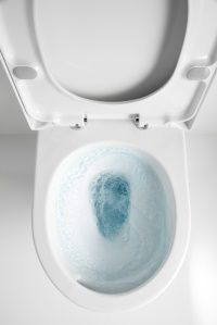 Die kraftvolle Spülung Tornado Flush erzeugt einen kreisenden Wasserstrudel. Dabei entsteht ein<br />leichter Sog nach unten, der gar keinen Sprühnebel entstehen lässt.