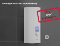 Noch bis zum 30. Juni wird der Einbau eines vollelektronisch geregelten Durchlauf-erhitzers der AEG-Baureihe DDLE ÖKO ThermoDrive mit 100 EUR staatlicher Förderung bezuschusst.