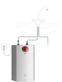 Für den drucklosen Betrieb wird der offene AEG Kleinspeicher zusammen mit einer Niederdruckarmatur mit drei Anschlussschläuchen montiert.<br />Bilder: AEG Haustechnik