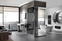 Digitale Technologien im Bad sind längst keine Zukunftsmusik mehr. Es gibt es bereits, wie dieses mit Grohe-Spa „F-digital“-Produkten ausgestattete Bad zeigt. 