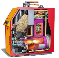 Querschnitt durch Hovals Biolyt - die emmissionsarme vollautomatische Pelletsheizanlage.