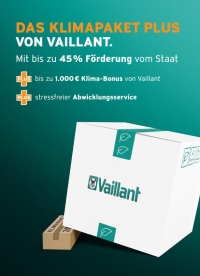 Mit dem Klimapaket Plus unterstützt Vaillant Heizungsbesitzer dabei, ihre alten Heizungen gegen umweltfreundliche Systeme zu tauschen und bestmöglich von den Fördermöglichkeiten des staatlichen Klimapakets zu profitieren. Der Klima-Bonus von bis zu 1.000 Euro schafft einen zusätzlichen Anreiz. <br />Bild: Vaillant