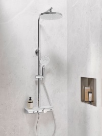 Das Shower Set AquaXPro 200 Thermostat mit schicker Chrom-Oberfläche und weißen Akzenten findet Einzug in jedes Bad. Die zuverlässige und hochwertige Technik des modernen Sicherheitsthermostats macht das Duschvergnügen besonders sicher.