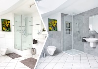 Vorher / Nachher: Durch die schnelle und einfache Sanierung mit RenoDeco wird aus einem alten Bad eine moderne und ästhetisch ansprechende Wohlfühloase - ohne Stemm- oder Fliesenarbeiten. 