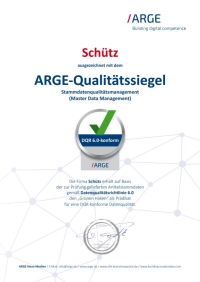 Schütz wurde mit dem neuen ARGE-Qualitätssiegel ausgezeichnet. Der Raumklimaspezialist erhält den „Grünen Haken“ als Prädikat für eine DQR-konforme Datenqualität. 