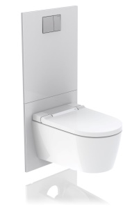 Die AquaClean Designplatte – wahlweise in Glas schwarz oder weiß oder aus weißem Kunststoff – ist für alle Dusch-WCs und bestehenden Geberit Unterputz-Spülkästen von 1988 bis heute geeignet. <br />Bilder: Geberit