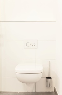 Das WC der Serie Renova Plan im modernen, eckigen Design fügt sich harmonisch in die Bäder des Cubus130 ein - in den Apartments der oberen Etagen perfekt kombiniert mit der Betätigungsplatte Geberit Sigma 01 in weiß.