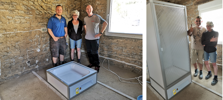 Bild links: Aufbau der Roth Komplettdusche, von links:...