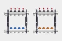 Neu im Roth Sortiment: Edelstahl-Heizkreisverteiler mit Durchflussanzeige und unterschiedlichen Ventilausführungen (links: mit Thermostatventil, rechts: mit dynamischem Thermaset-Ventil).