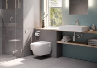 Das TECEprofil WC-Modul mit Uni 750-Spülkasten ist ideal für gemeinsame Konstruktionen mit Aufsatzwaschtischen.<br />Bild: TECE GmbH