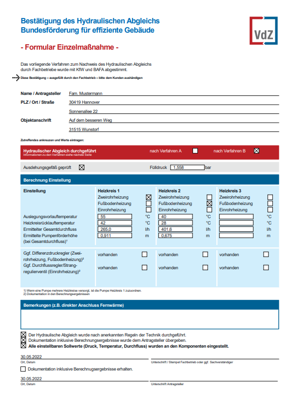 Das VDZ-Formular mit allen relevanten Berechnungsergebnissen...