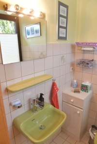 Als Stauraum diente lediglich ein kleiner Schrank, positioniert zwischen WC und Waschtisch.