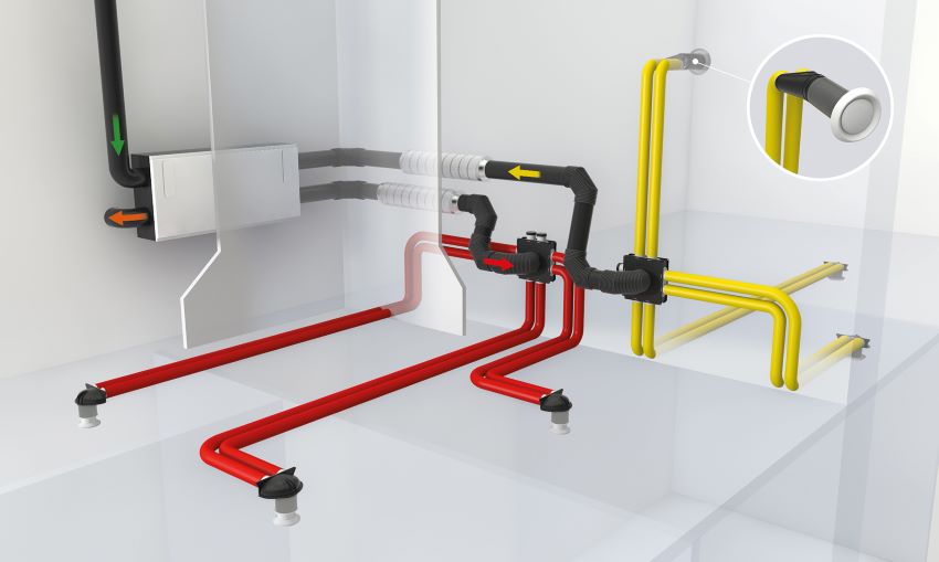 Auch an der Wand kann <b><a href=" https://www.maico-ventilatoren.com/produkte/g/flexibles-rundes-luftungsrohrsystem-maicoair-ma-g64362/"...