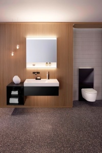 Das Sanitärmodul Geberit Monolith Plus lässt sich mit dem ONE Spiegelschrank über eine DALI-Schnittstelle verbinden, mit der sich das Licht einstellen und steuern lässt.