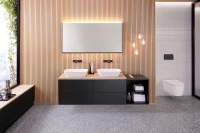 Der Lichtspiegel Option Plus Square kann ideal mit den bestehenden Badserien von Geberit kombiniert werden, hier zu sehen in Kombination mit der Badserie ONE.