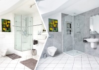 Vorher / Nachher: Durch die saubere und einfache Sanierung mit RenoDeco und dem neuen Wandabdichtungssystem wird aus einem in die Jahre gekommenen Bad eine moderne und ästhetisch ansprechende Wohlfühloase – ohne Stemm- oder Fliesenarbeiten. 