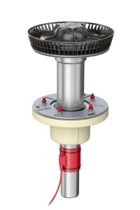 Zweiteiliger Flachdachablauf ACO Variant-Jet mit senkrechtem Anschluss, bestehend aus Flachdachablauf Variant-Flex, Luftschleuse, Isolierkörper und Heizung.