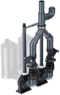 Das Hauptauswahlkriterium für das Montageset stellt der gewünschte Druckleitungsanschluss dar; dieser ist entweder für Druckleitungen DN 50 oder DN 100 wählbar. Abhängig von der gewünschten Pumpenanzahl können die Installationssets für Einzel- oder Doppelpumpsysteme gewählt werden.
