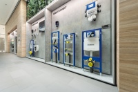 Der Ausstellungsbereich am Informationszentrum Langenfeld umfasst die Geberit Kompetenzen rund um Trinkwasserhygiene, Schallschutz, Brandschutz und Abwasserhydraulik. 