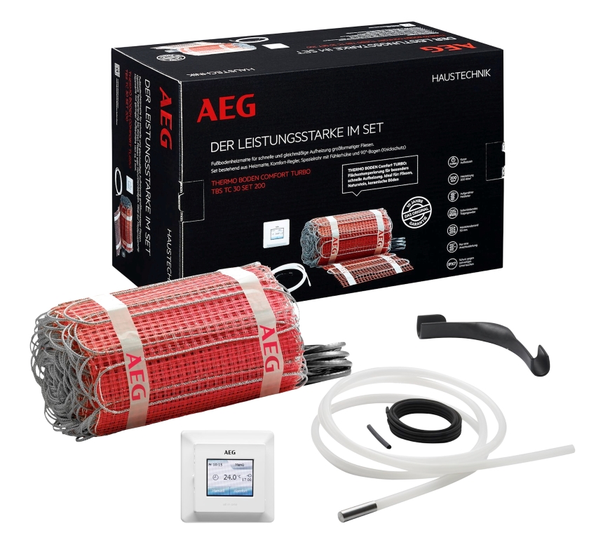 Die Komponenten des AEG THERMO BODEN – Heizmatte, Bodentemperaturfühler...