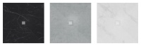 Die Designoberflächen Marmor schwarz, Beton und Marmor weiß, jeweils mit farblich passendem Ablaufgitter.<br />Bilder: Duschwelten