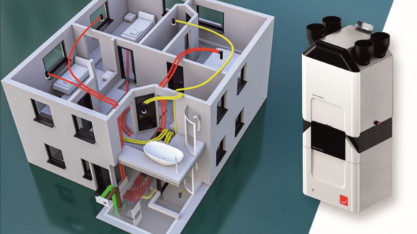 3D-Ansicht eines zentralen Wohnraum-lüftungssystems...