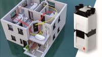 3D-Ansicht eines zentralen Wohnraum-lüftungssystems mit zusätzlicher Kühleinheit:  Lüften, zuheizen oder kühlen mit Zehnder ComfoClime Cool. Ob in den kalten Wintermonaten oder an heißen Sommertagen: Die Kühleinheit Zehnder ComfoClime Cool ist die perfekte Ergänzung zum Komfort-Lüftungsgerät Zehnder ComfoAir Q und sorgt dank vortemperierter, entfeuchteter und frischer Luft für maximalen Wohnkomfort.