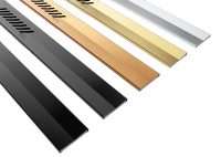 Farbliche Optionen der Duschrinne ACO SE+: Schwarz und Graphit unterstützen moderne, reduzierte Gestaltungsansätze mit klaren Linien, während Gold und Kupfer eine warme Akzentuierung ermöglichen, die sich besonders gut mit Naturstein, Holz oder erdigen Keramiken verbinden lässt.<br /><br />Quelle: ACO Haustechnik