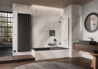 RenoDeco Perlmatt im Marmordekor Onyx-Grau sorgt mit sanften, natürlichen Tönen für eine moderne, großzügig wirkende und nahezu fugenlose Wandgestaltung.