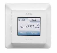 Der AEG-Komfortregler „all in one“ ist so groß wie ein Lichtschalter und einfach zu bedienen. Die integrierte Zeitfunktion ermöglicht in jedem Raum eine individuelle und bedarfsgerechte Fußbodentemperatur.<br />Bilder: AEG