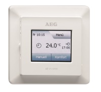 Der neue all-in-one-Komfortregler FRTD 903 TC von AEG Haustechnik ist ein intelligenter Fußbodentemperaturregler mit Touchscreen-Display. Neben klugen Funktionen, die eine effiziente Betriebsweise des THERMO BODEN garantieren, und der hohen Bediener-freundlichkeit steht die Haptik im Vordergrund.<br /><br />Foto: AEG Haustechnik