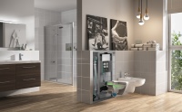 Einblicke in intelligente Funktionen: „VariVIT“-Vorwandinstallation mit dem „Air WC“-Element und der berührungslosen Betätigungsplatte „Zero Lumo“<br />Bild: MEPA - Pauli und Menden