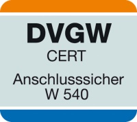 Das Konformitätszeichen „DVGW CERT Anschlusssicher W540“ bescheinigt Produkten, die an die Trinkwasserinstallation angeschlossen werden, dass sie von der DVGW CERT GmbH auf die vorgegebenen Normen EN 1717 und EN 1988-100 untersucht wurden und über die notwendigen Sicherungseinrichtungen verfügen.