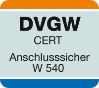 Das Konformitätszeichen „DVGW CERT Anschlusssicher W540“ bescheinigt Produkten, die an die Trinkwasserinstallation angeschlossen werden, dass sie von der DVGW CERT GmbH auf die vorgegebenen Normen EN 1717 und EN 1988-100 untersucht wurden und über die notwendigen Sicherungseinrichtungen verfügen.