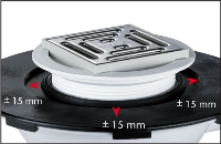 Montagefreundliches Detail: Das verstellbare Innengehäuse bietet rundum 15 mm Spielraum beim Anschluss der Hartschaum-Platte an den Ablauf.