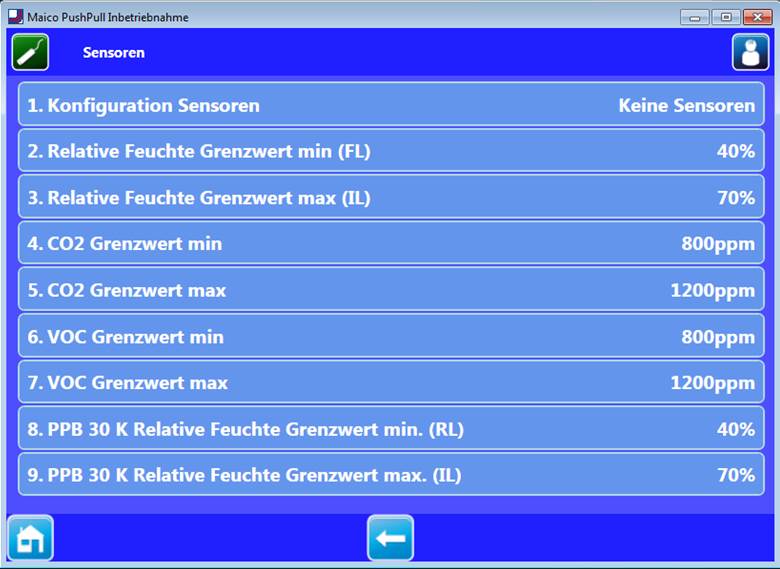 Anzeige der Sensoreinstellwerte