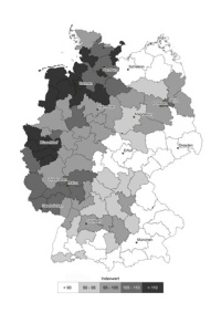 Ergebnisse des ista-IWH Energieeffizienzindex – Abrechnungsperiode 2007 auf Ebene der Raumordnungsregionen (Gebietsstand 31.12.2006). Quelle: ista