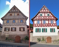 Aus dem Dornröschenschlaf erwacht: Das stattliche Fachwerkhaus vor und nach der Sanierung.<br />Bild: Gerber Architekten, Werneck / UdiDämmsysteme 