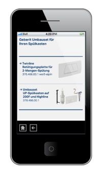 Das Ergebnis: Die Geberit ProApp zeigt das passende Umbauset und die Ersatzteile an.