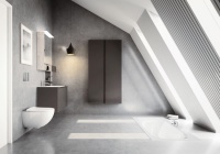 Geberit Acanto zeichnet sich durch sanfte organische Formen in harmonischer Verbindung mit geraden Linien aus. Die Badserie enthält verschiedene Waschtischtypen, die Badewanne Soana sowie spülrandlose WCs und ein umfangreiches Sortiment an Badmöbeln. 
