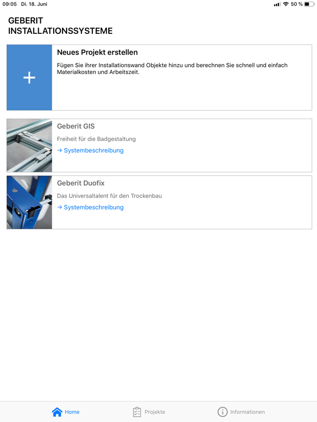 Im Startmenü der App „Geberit Installationssysteme“...