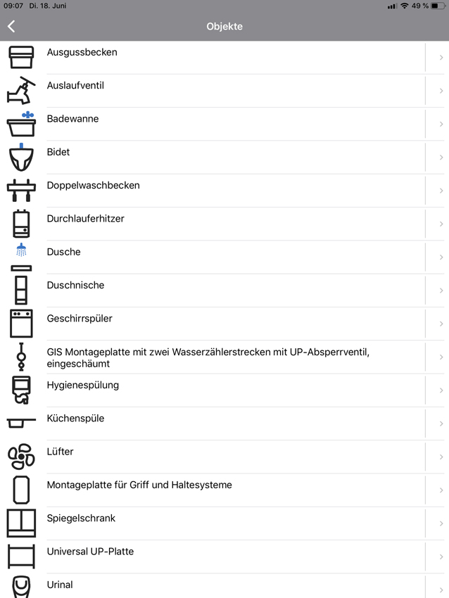 Über die Objektauswahl werden alle Sanitärgegenstände...