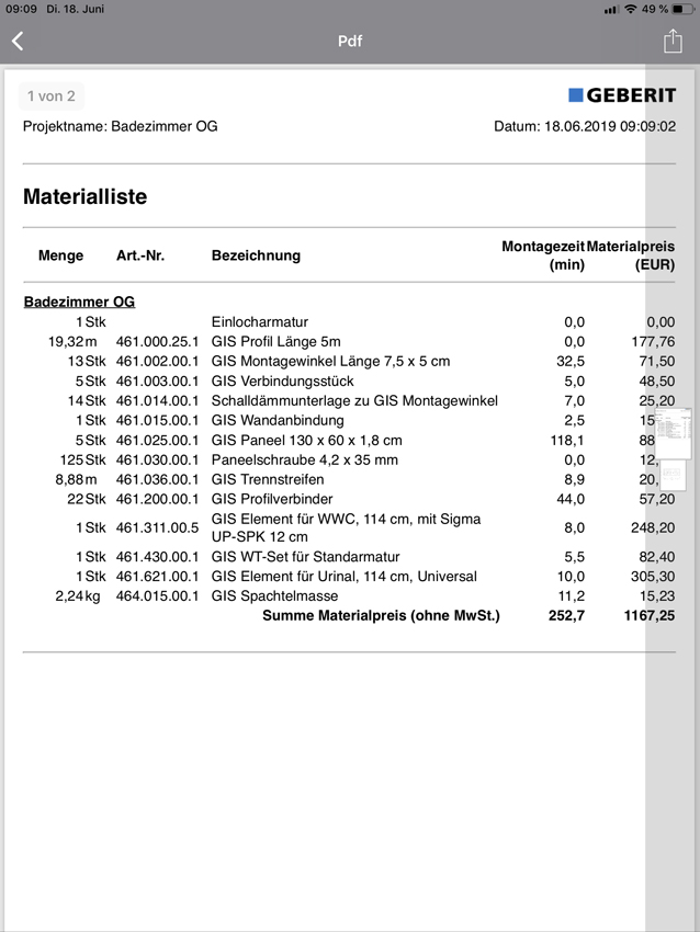 Materialliste und Grafik der konfigurierten Sanitärwand...