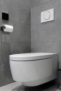 Das Dusch-WC Geberit AquaClean Mera fügt sich mit seiner schlichten Formensprache elegant in das Hotelbad ein. Bedienen lassen sich die Komfortfunktionen über ein praktisches Wandbedienpanel. 
