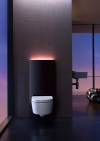 Innovatives Sanitärmodul: Mit Geruchsabsaugung, Soft-Touch-Betätigung und farbigem Orientierungslicht sorgt Geberit Monolith Plus für Komfort am WC.