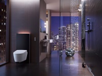 Stylisches Duo: Das elegante Sanitärmodul Geberit Monolith Plus ergänzt sich perfekt mit dem schlichten Dusch-WC Geberit AquaClean Sela.