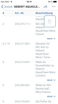 Ersatzteile gesucht? Beim Aufrufen des separaten Tabs werden diese tabellarisch mit Artikelnummer und einer kurzen Beschreibung aufgelistet. 
