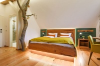 Die Hoteliersfamilie Koch liebt das Besondere: Im Baumwipfelzimmer wirkt es so, als würde ein Stamm durch den Raum wachsen. 