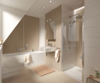 Damit Fachhandwerker ihre Kunden optimal beraten und noch mehr Auswahl bieten können, hat HSK sein Portfolio an Oberflächen, Strukturen und Farben von RenoDeco gezielt erwei-tert. Zu der vorhandenen Palette an Stein-, Holz- und Metallstrukturen sind nun weitere mo-derne Oberflächen wie beispielsweise Leinenstruktur neu hinzugekommen.<br />Bild: HSK Duschkabinenbau KG