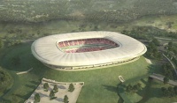 Landmarke für die neue Hansgrohe Vertriebsgesellschaft in Mexiko: Das neue, noch im Bau befindliche Fußball-Stadion „Il Volcano“ in Guadalajara, entworfen von Jean-Marie Massaud, ist mit Armaturen und Brausen der Designerkollektion Axor Massaud von Hansgrohe ausgestattet. Foto: JVC